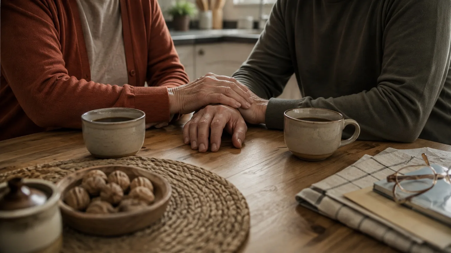 Conversación en la cocina entre una persona mayor y su hijo sobre la escalera de casa