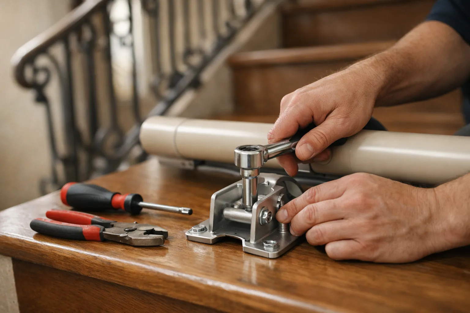 Técnico comprobando si hace falta obra para instalar salvaescaleras en el anclaje del raíl