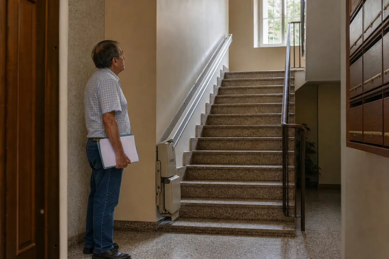 Vecino frente a la escalera comunitaria donde instaló por su cuenta el salvaescaleras
