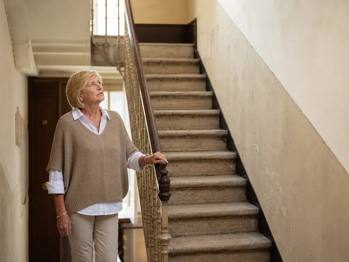 Persona valorando si su escalera estrecha es apta para una silla salvaescaleras