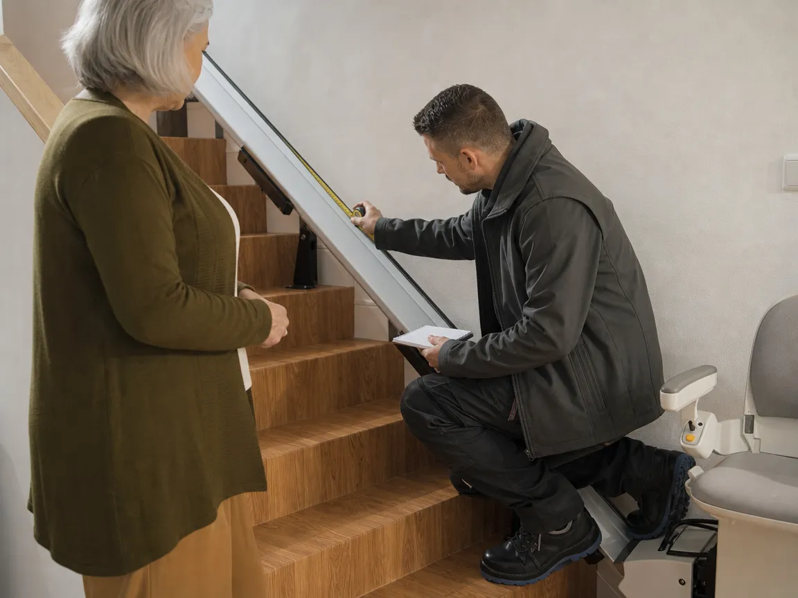Técnico midiendo una escalera durante una visita técnica gratuita de silla salvaescaleras