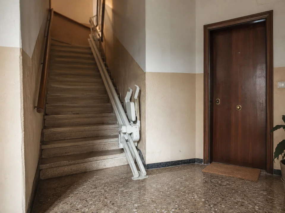 Puerta de un bajo junto al arranque de la escalera donde empieza el raíl del salvaescaleras