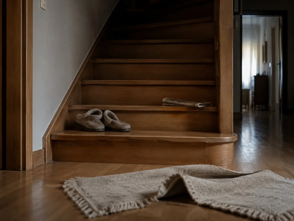 Escalera de casa con zapatillas, papeles y una alfombra suelta, riesgos de caída habituales