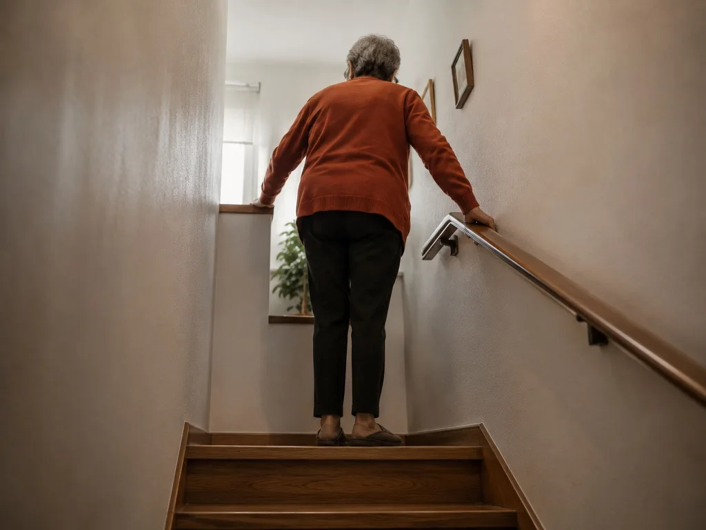 Persona mayor parada a descansar en el rellano a mitad de la escalera de su casa