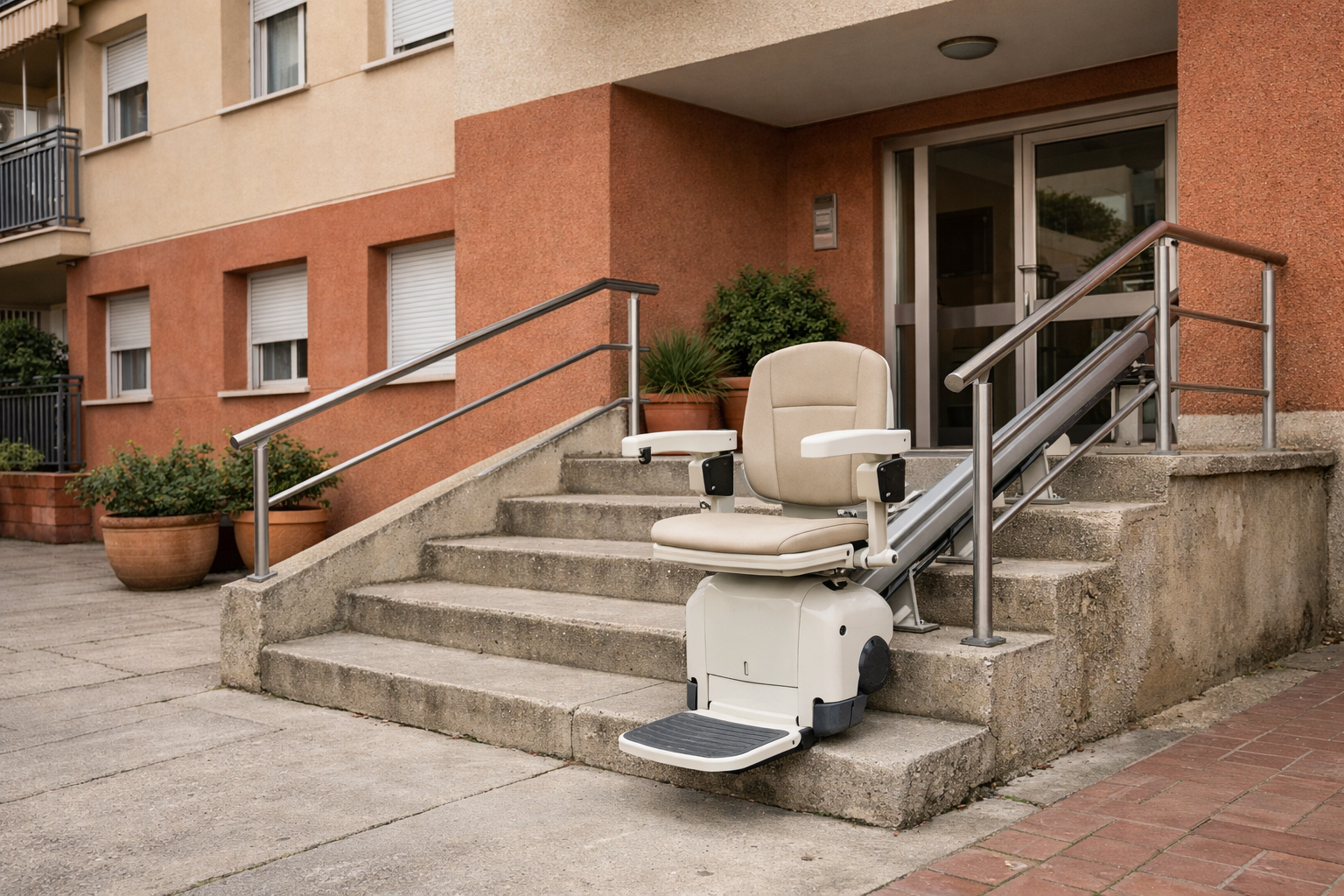 Silla salvaescaleras exterior instalada en la escalera de acceso a un edificio residencial