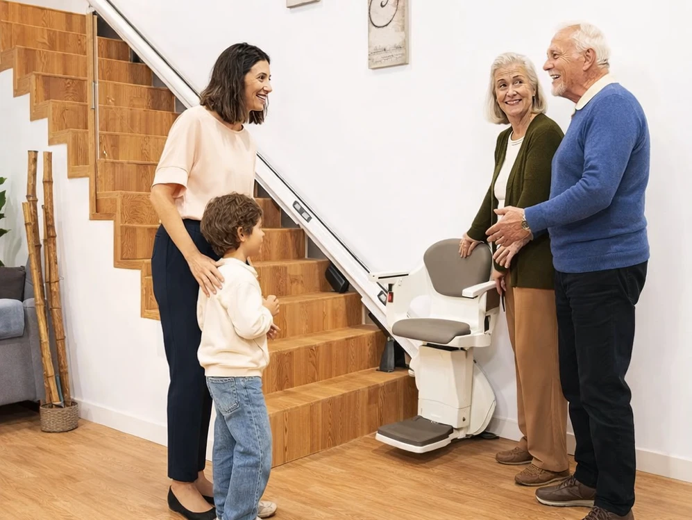 Un hijo y su hija saludan a los abuelos junto a la silla salvaescaleras instalada en la escalera de su casa