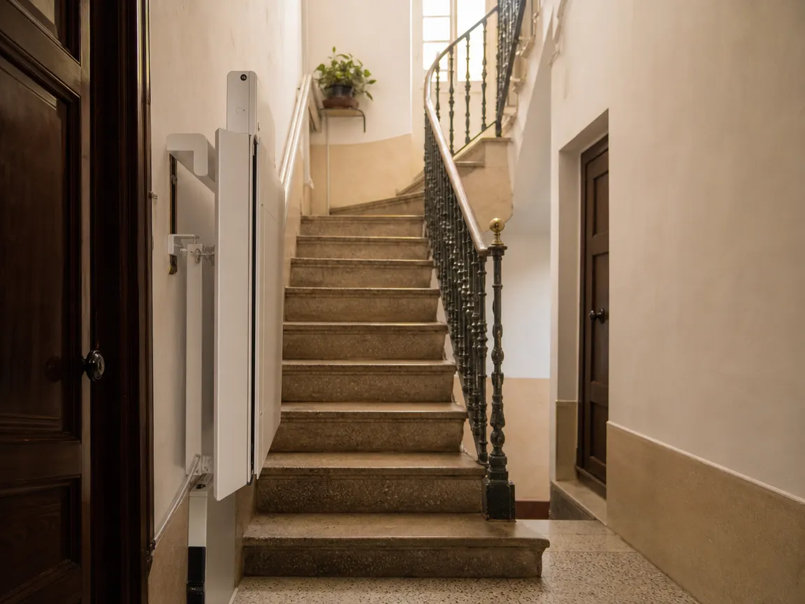 Plataforma salvaescaleras plegada como alternativa cuando la silla no cabe
