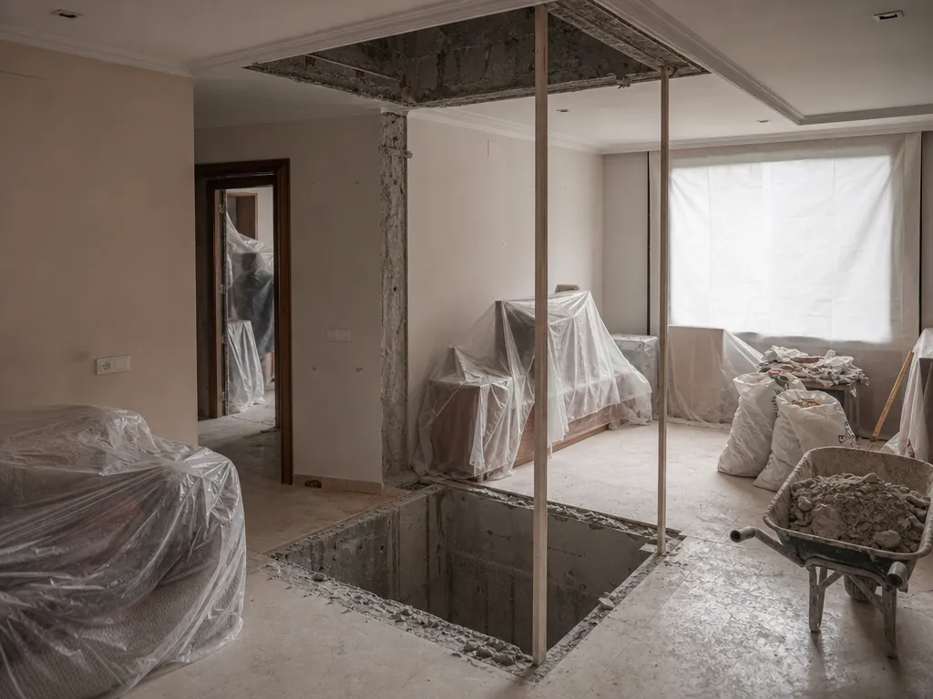 Obra del hueco de un ascensor doméstico en el salón de una vivienda de dos plantas