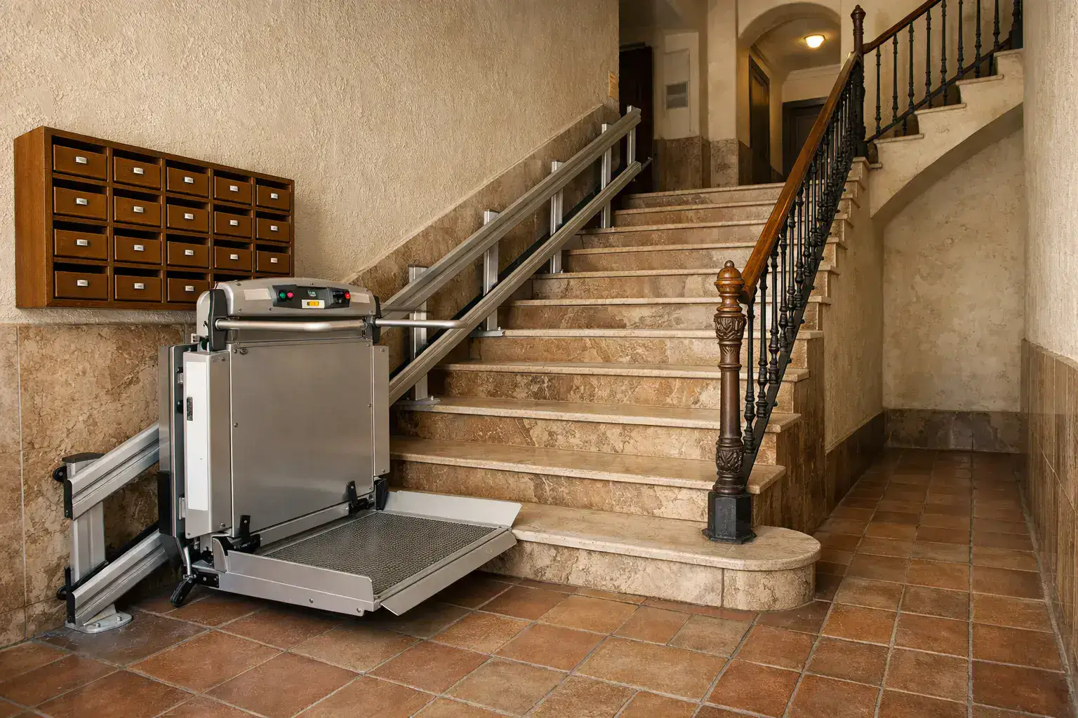 Plataforma salvaescaleras instalada en el portal de una comunidad de vecinos