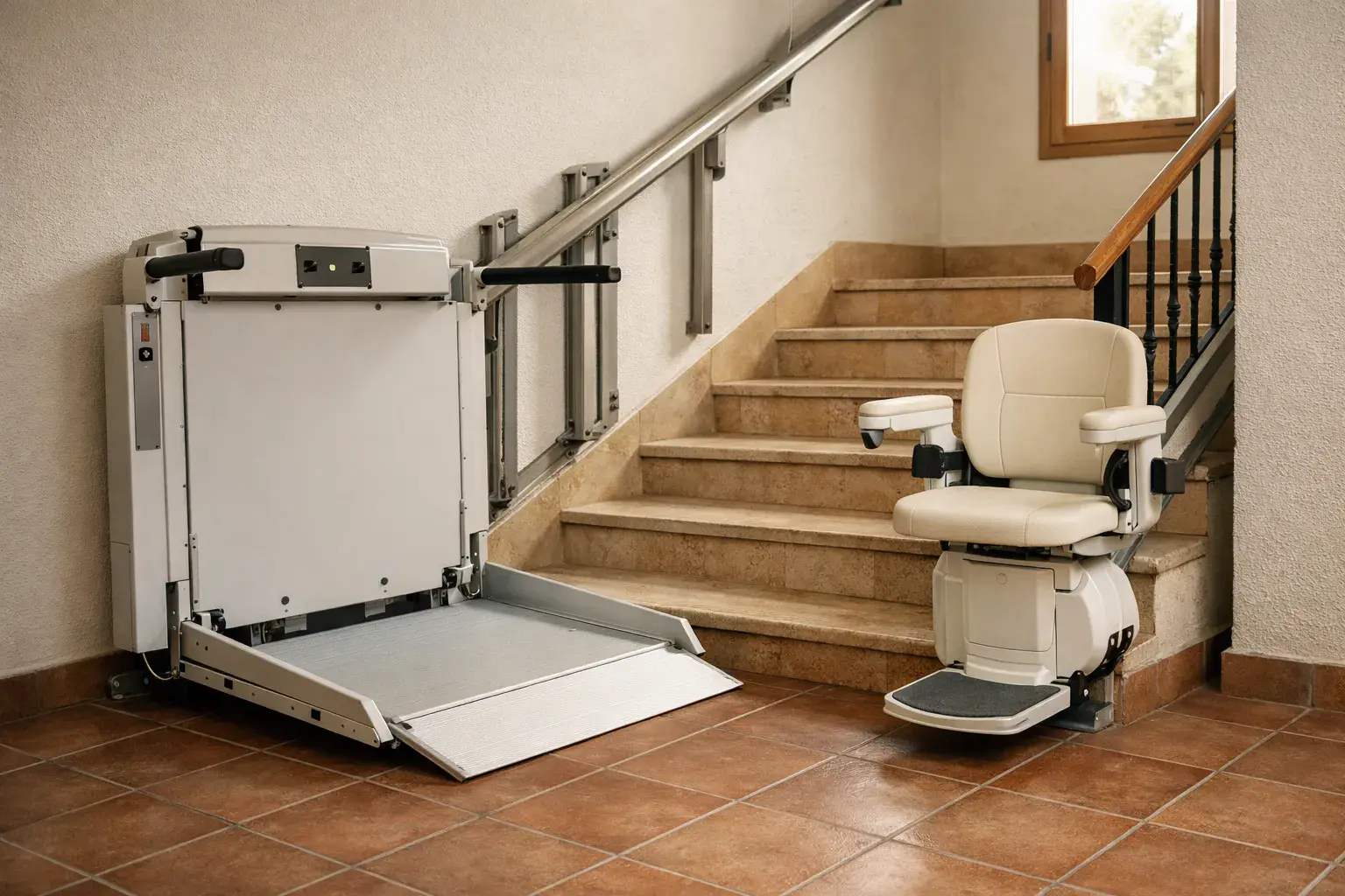 Silla salvaescaleras y plataforma salvaescaleras juntas al pie de una escalera interior