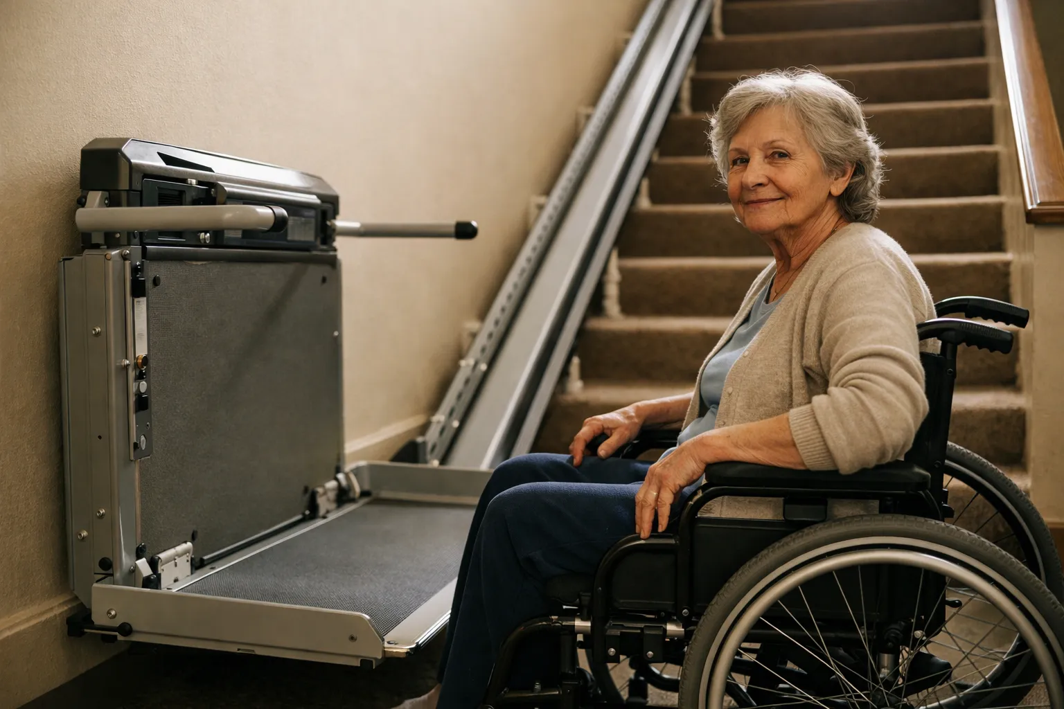 Persona en silla de ruedas junto a una plataforma salvaescaleras para silla de ruedas