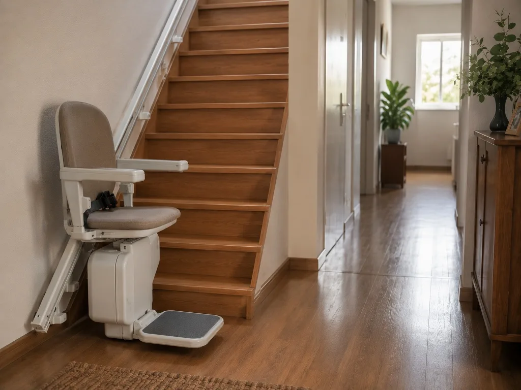 Silla salvaescaleras aparcada y plegada al pie de la escalera, en el recibidor de una vivienda