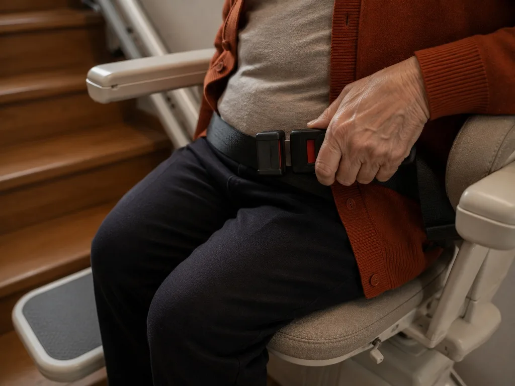 Detalle del cinturón de seguridad de una silla salvaescaleras al abrocharse