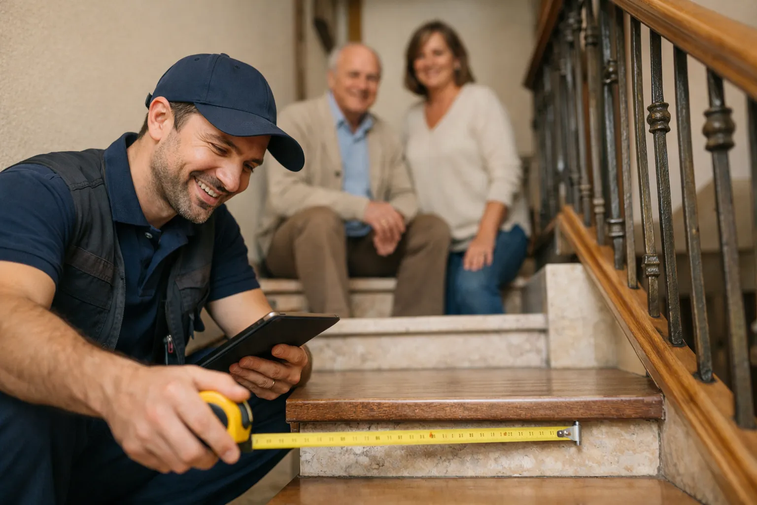 Visita técnica silla salvaescaleras: técnico midiendo una escalera en casa